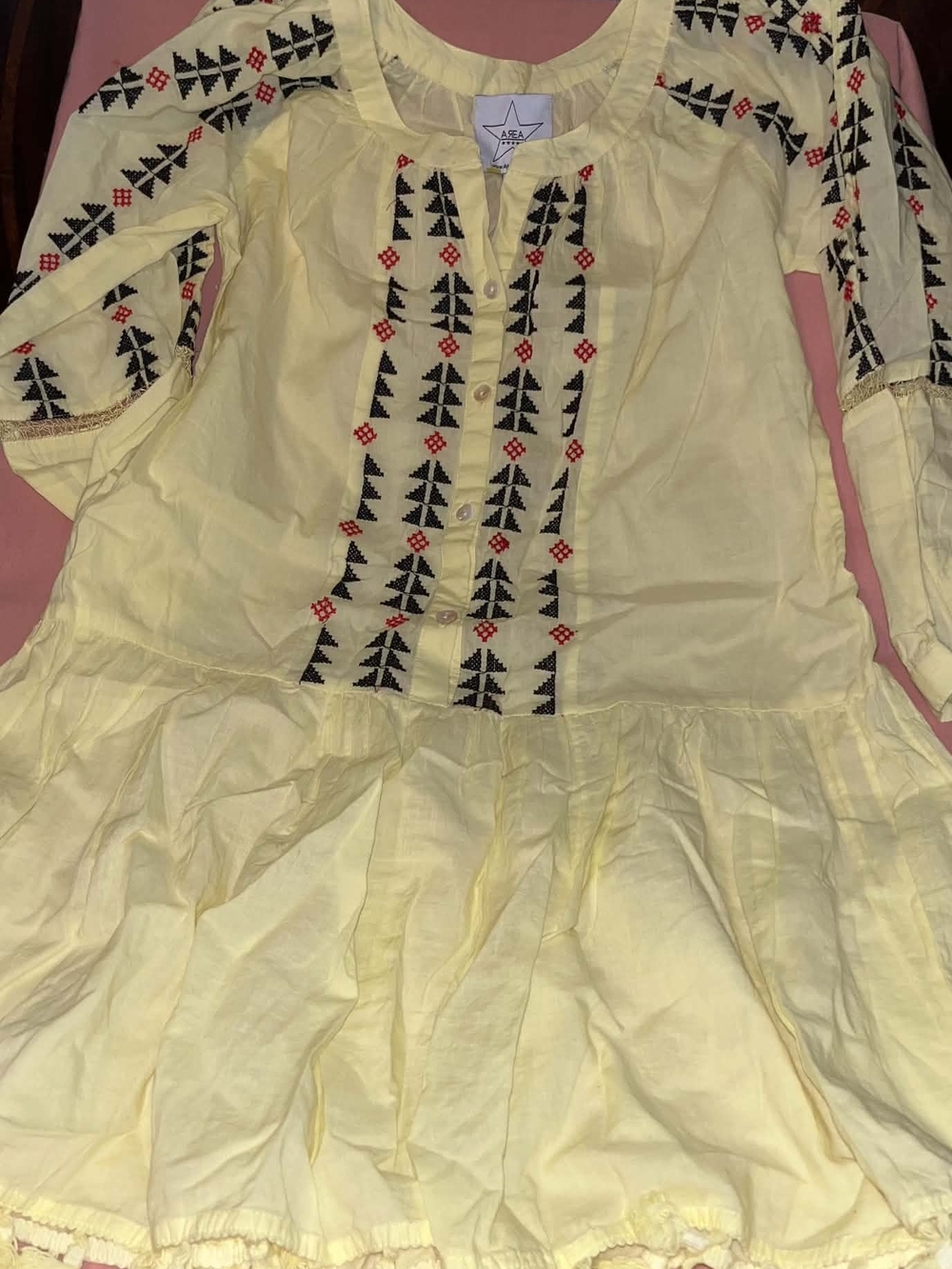 AREA Yellow Boho Dress with Black and Red Embroidery